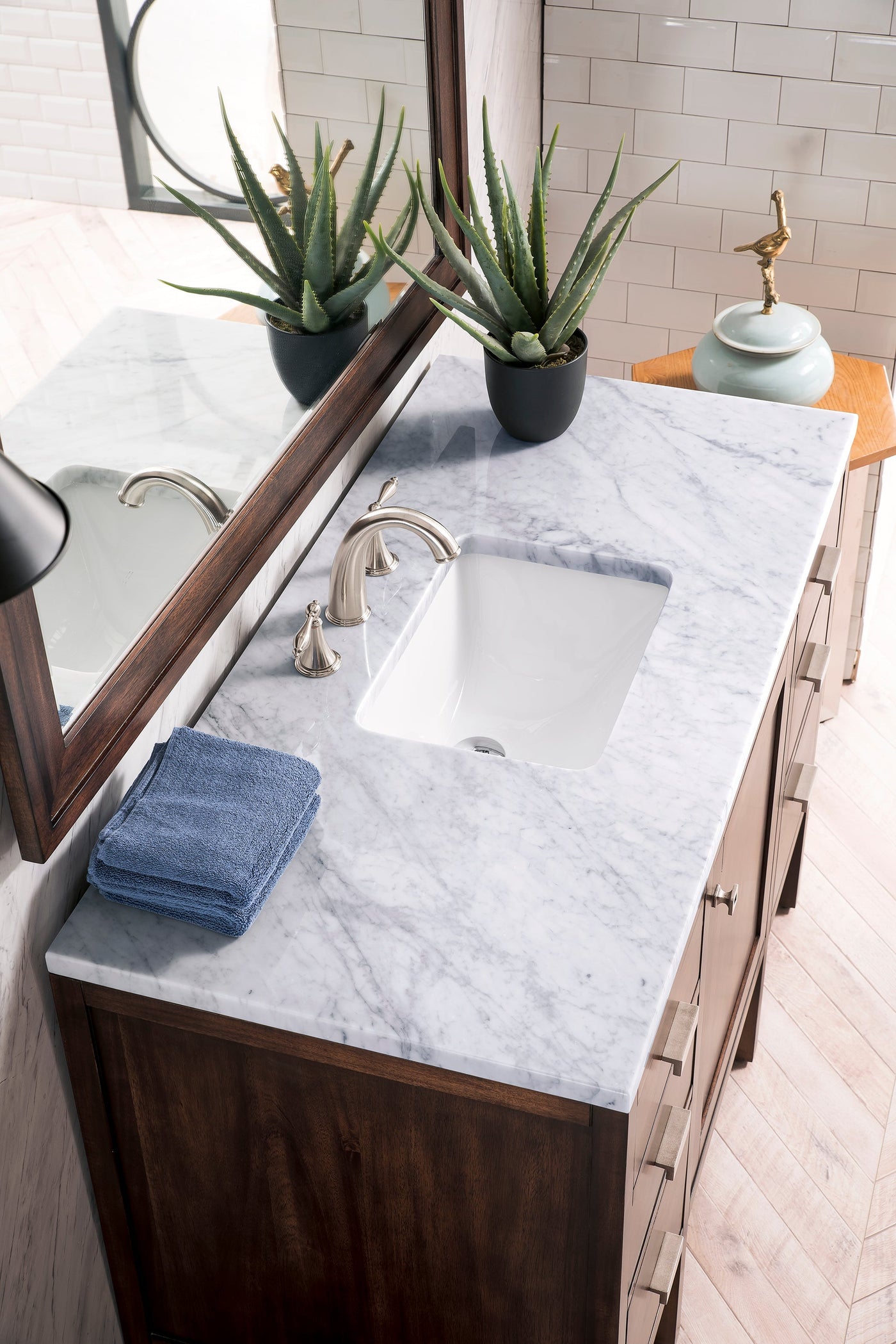 James Martin Addison 48" Single Bathroom Vanity, Mid-Century Acacia with Carrara White countertop