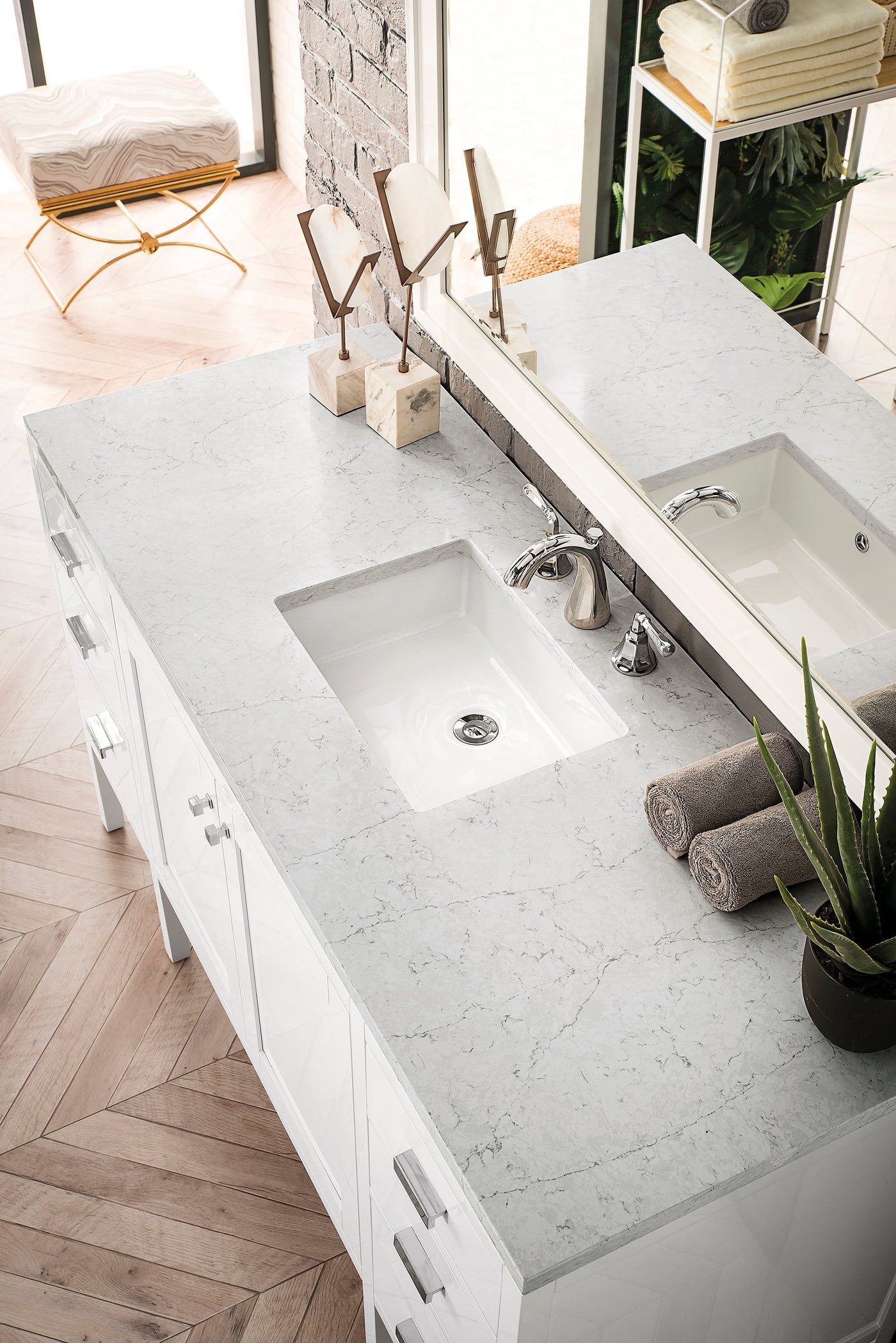 James Martin Addison 60" Single Bathroom Vanity, Glossy White with Carrara White countertop