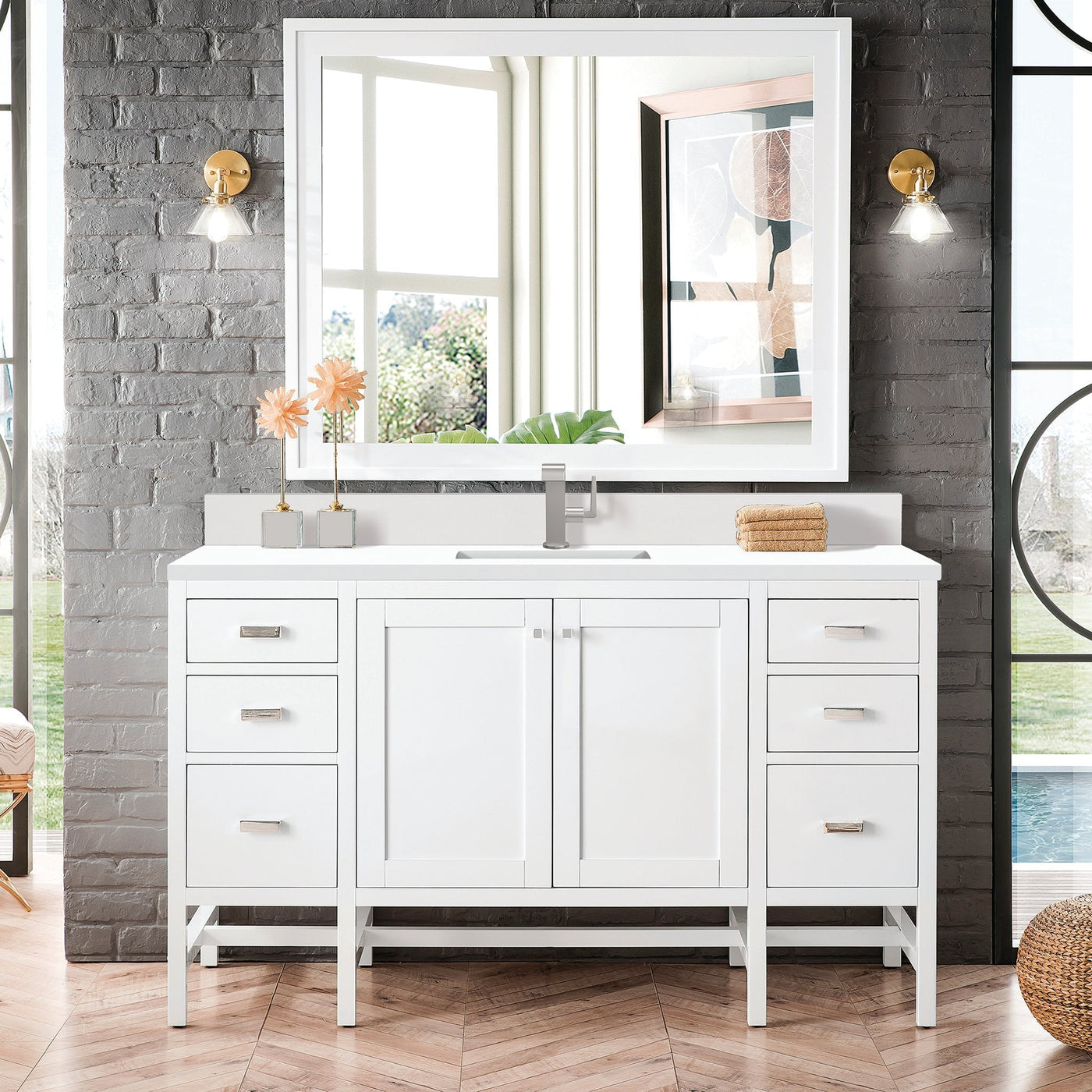 James Martin Addison 60" Single Bathroom Vanity, Glossy White with White Zeus (Single Hole, with Backsplash) countertop