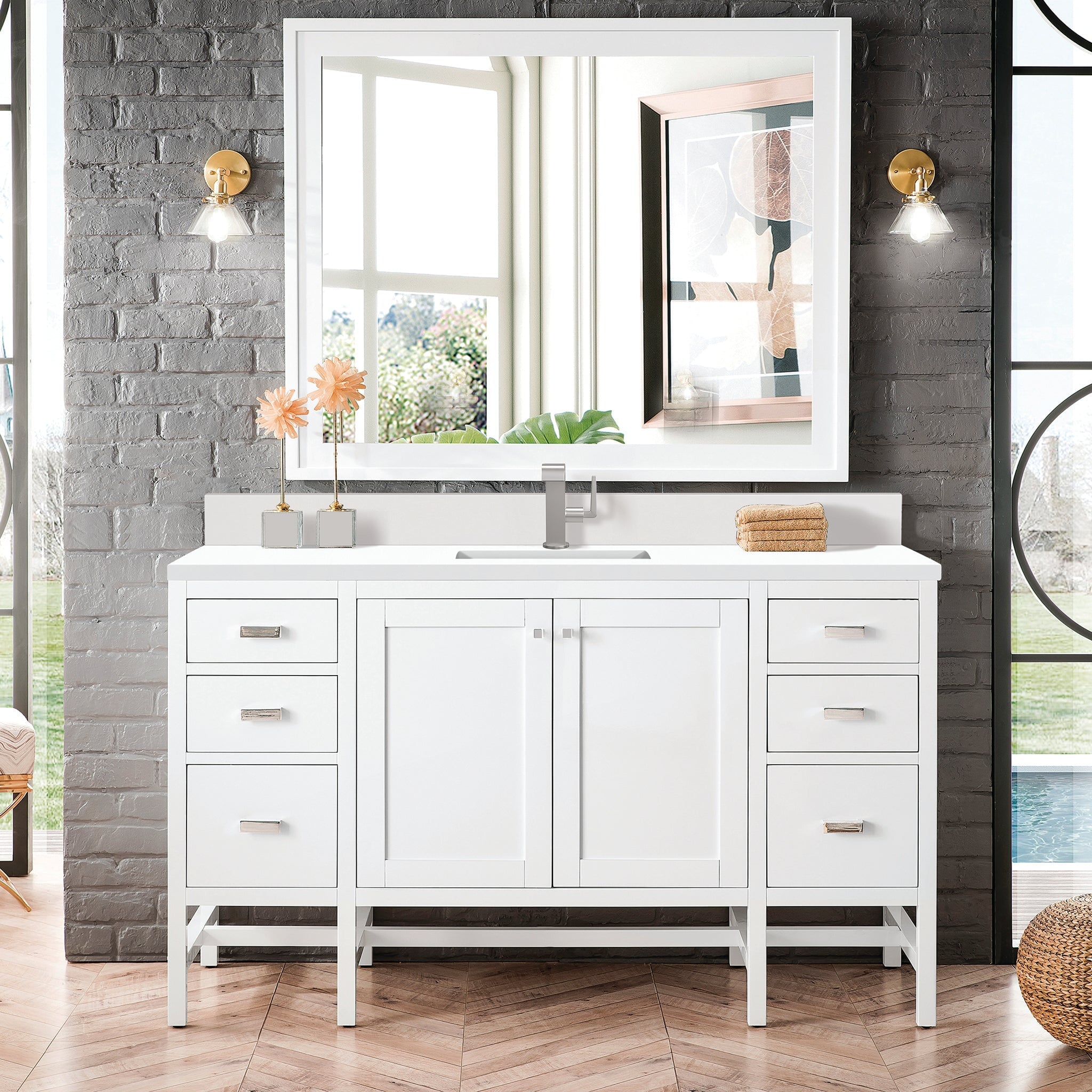 James Martin Addison 60" Single Bathroom Vanity, Glossy White with White Zeus (Single Hole, with Backsplash) countertop