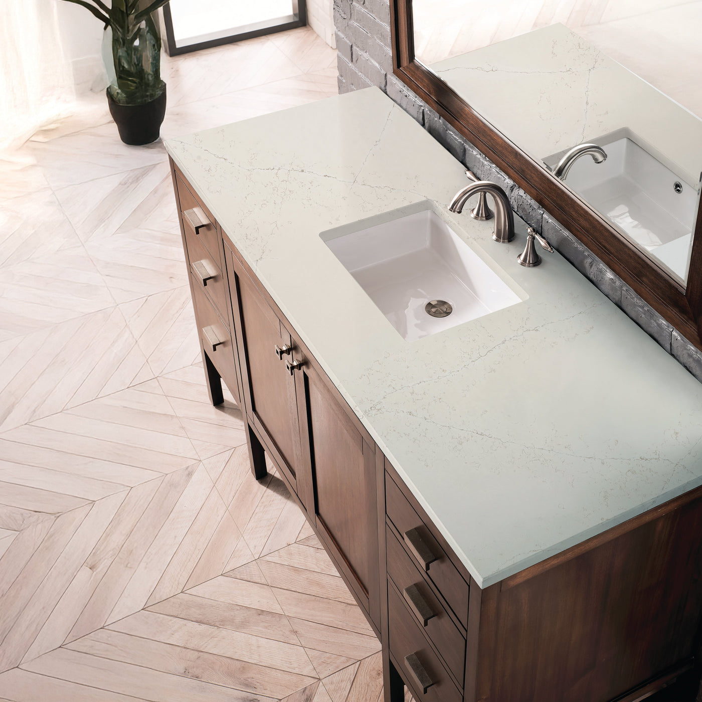 James Martin Addison 60" Single Bathroom Vanity, Mid-Century Acacia with Siberian countertop