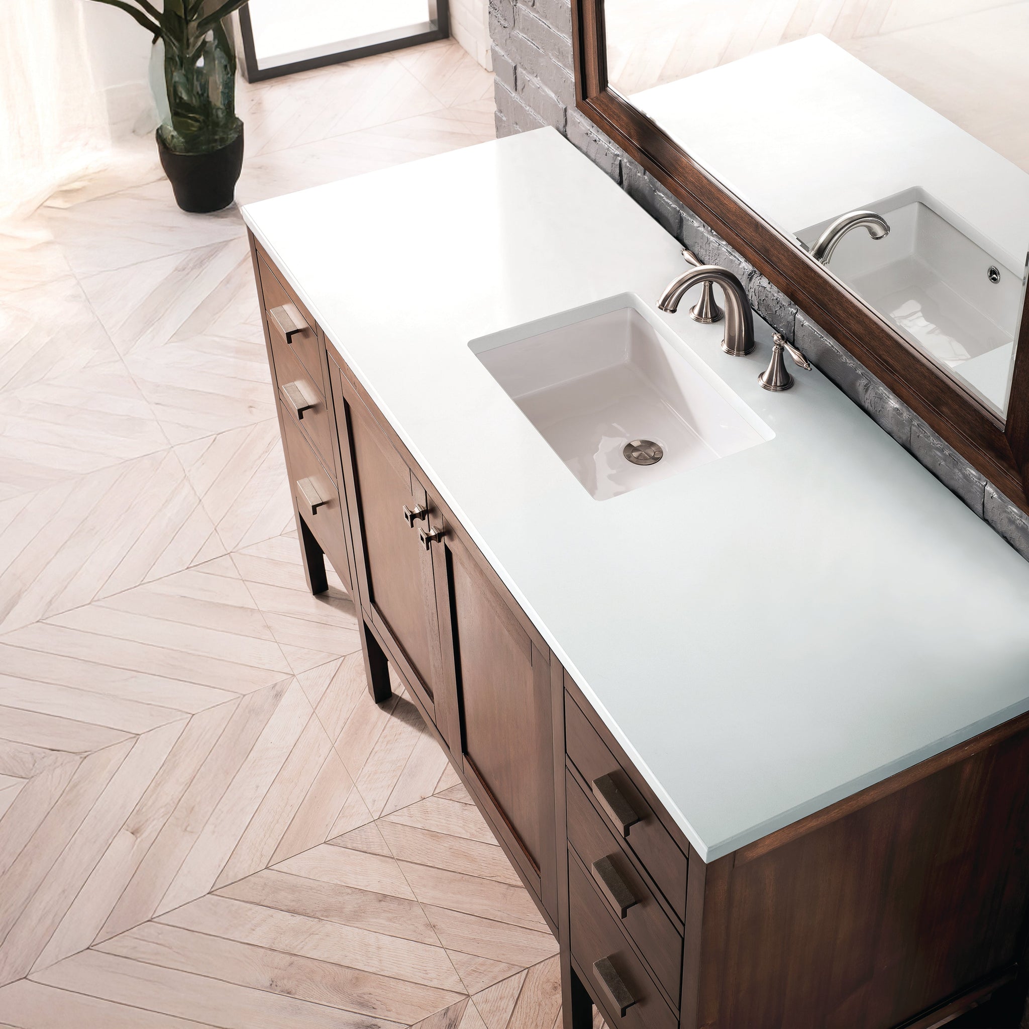 James Martin Addison 60" Single Bathroom Vanity, Mid-Century Acacia with White Zeus countertop