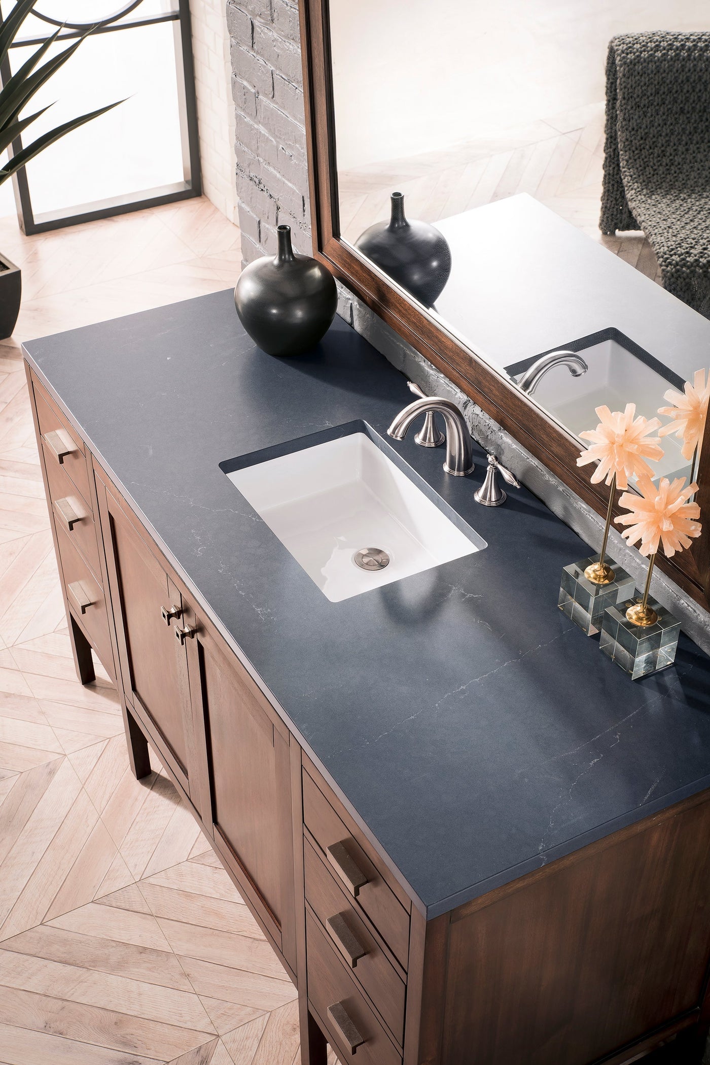 James Martin Addison 60" Single Bathroom Vanity, Mid-Century Acacia with Charcoal Soapstone countertop