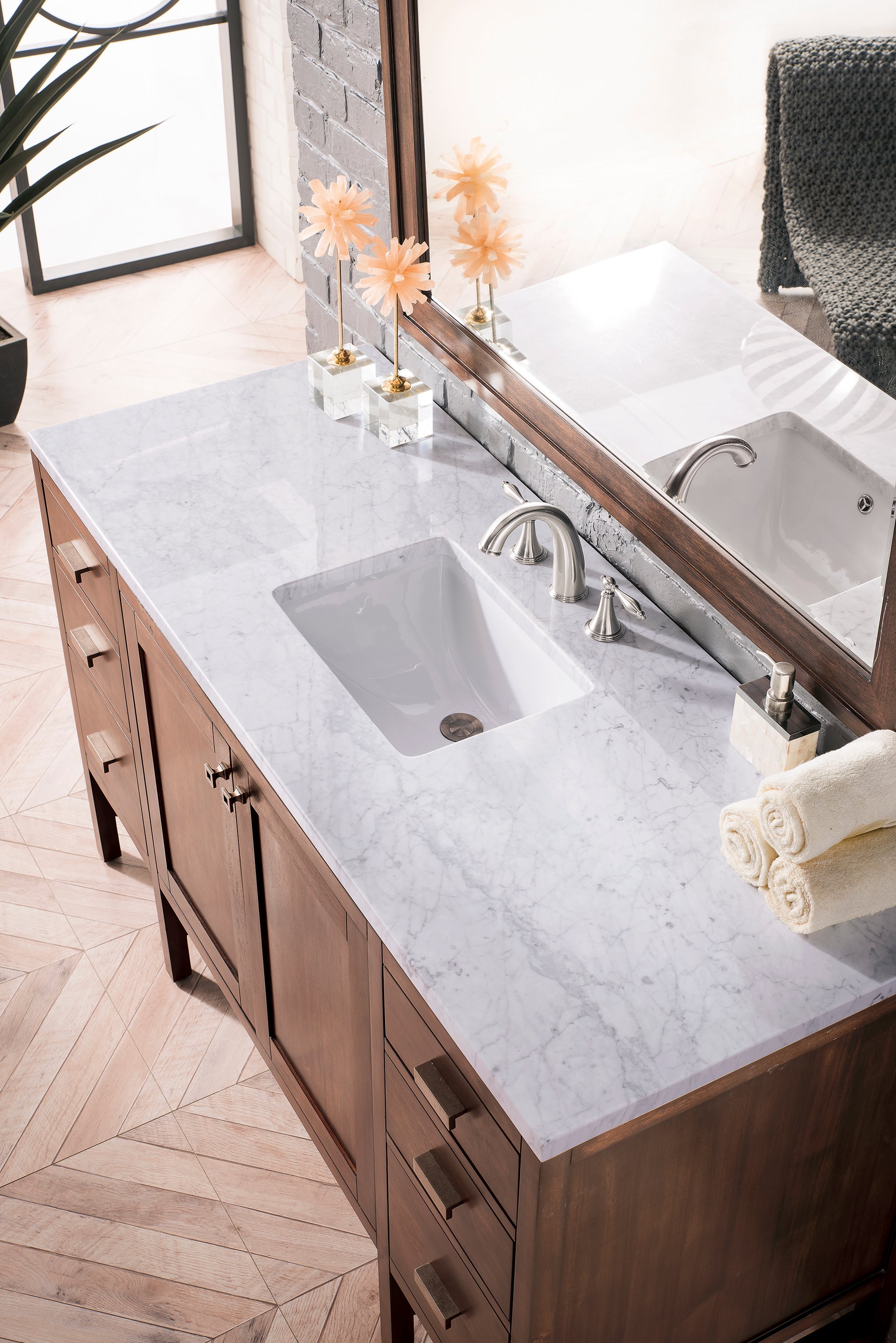 James Martin Addison 60" Single Bathroom Vanity, Mid-Century Acacia with Carrara White countertop