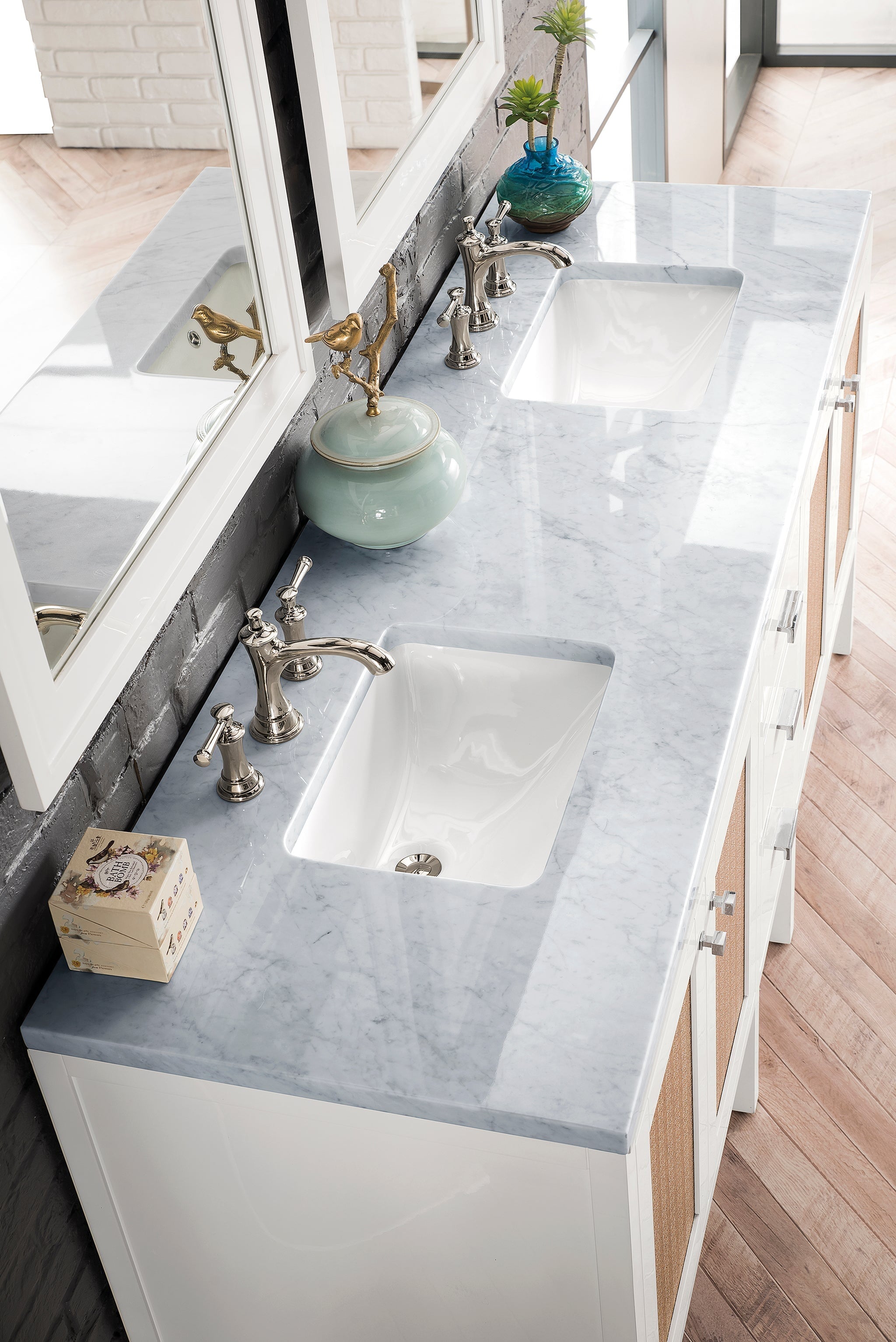 James Martin Addison 72" Double Bathroom Vanity, Glossy White with Carrara White countertop
