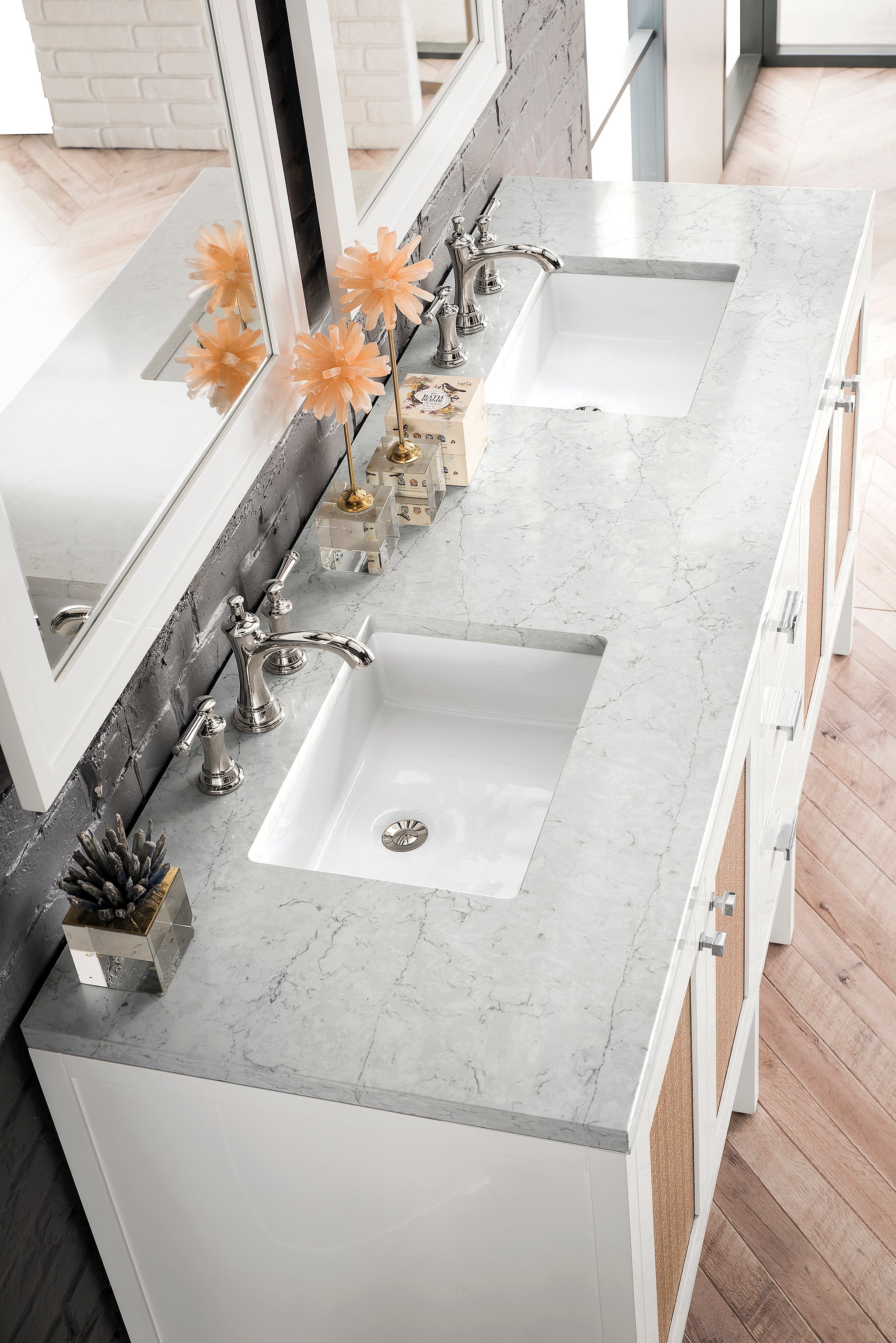 James Martin Addison 72" Double Bathroom Vanity, Glossy White with Eternal Jasmine Pearl countertop