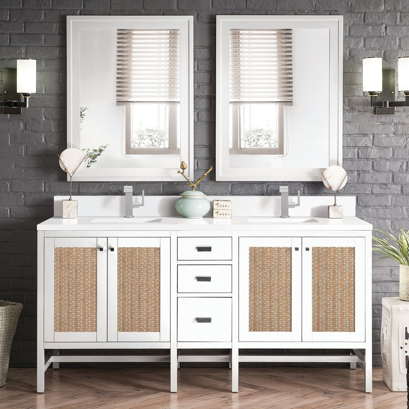 James Martin Addison 72" Double Bathroom Vanity, Glossy White with White Zeus (Single Hole, with Backsplash) countertop