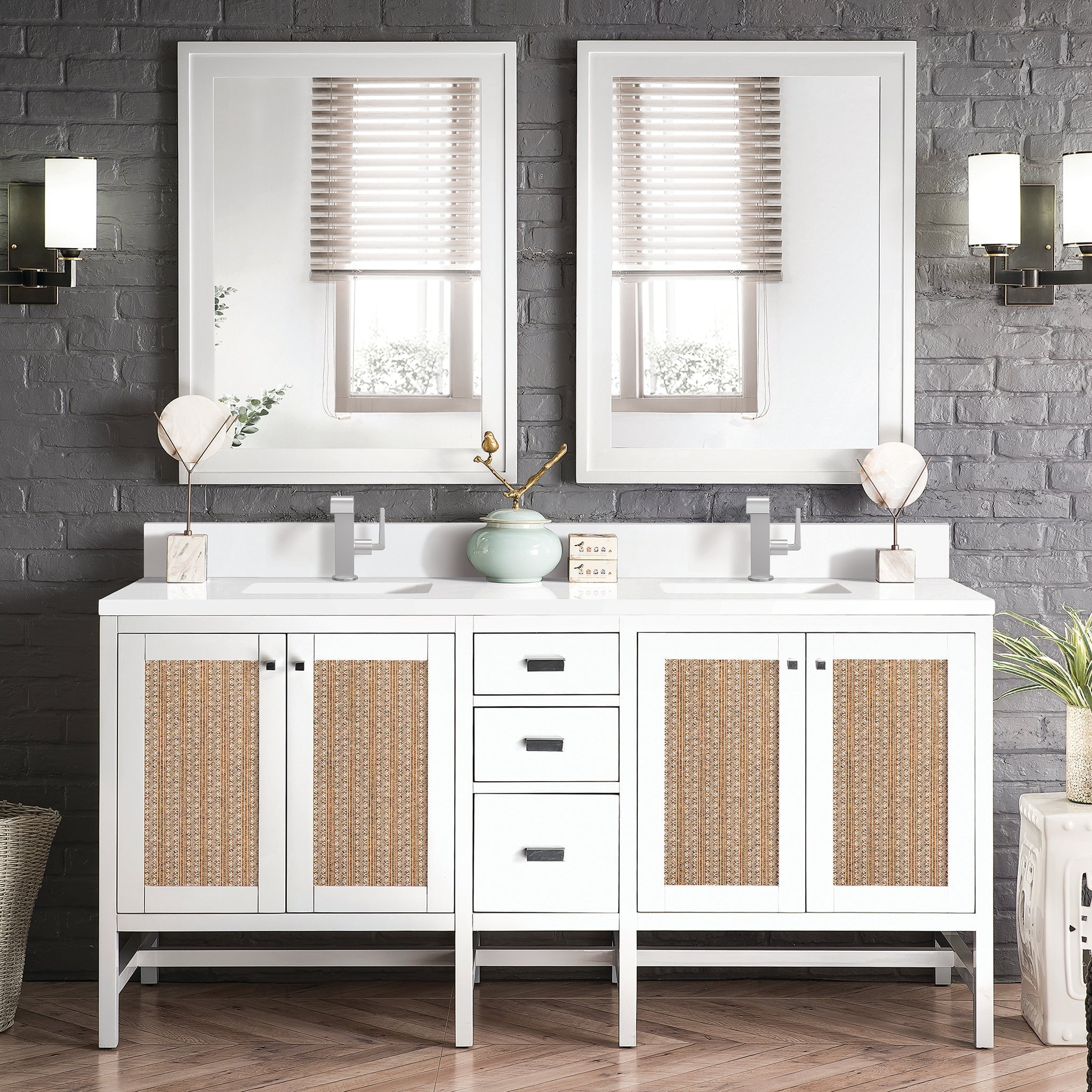 James Martin Addison 72" Double Bathroom Vanity, Glossy White with White Zeus (Single Hole, with Backsplash) countertop