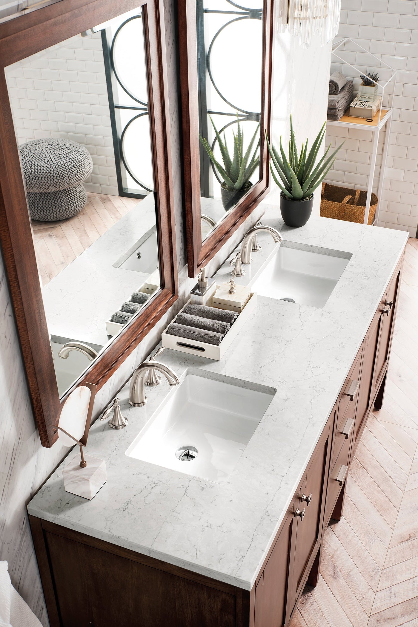 James Martin Addison 72" Double Bathroom Vanity, Mid-Century Acacia with Eternal Jasmine Pearl countertop