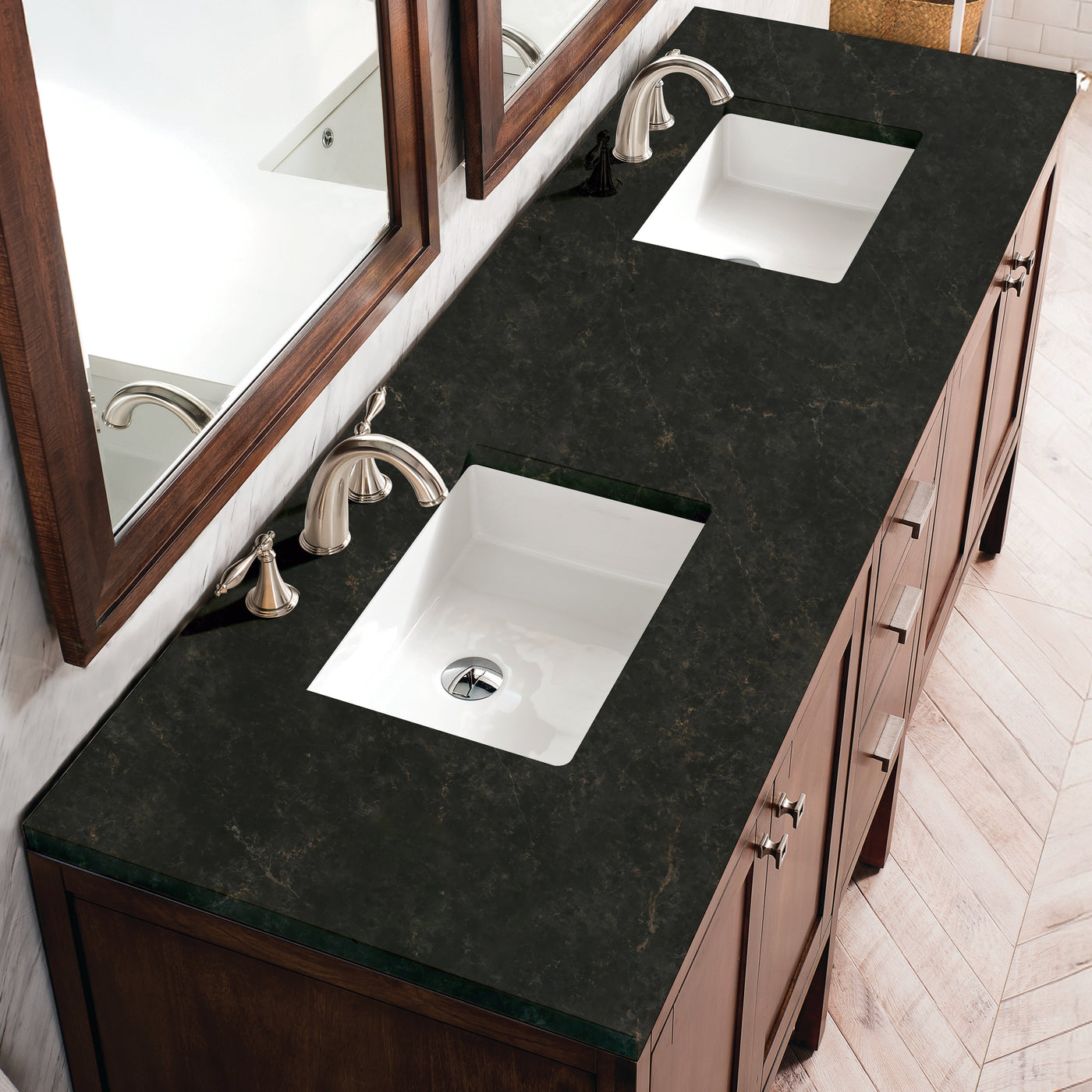 James Martin Addison 72" Double Bathroom Vanity, Mid-Century Acacia with Phantome countertop