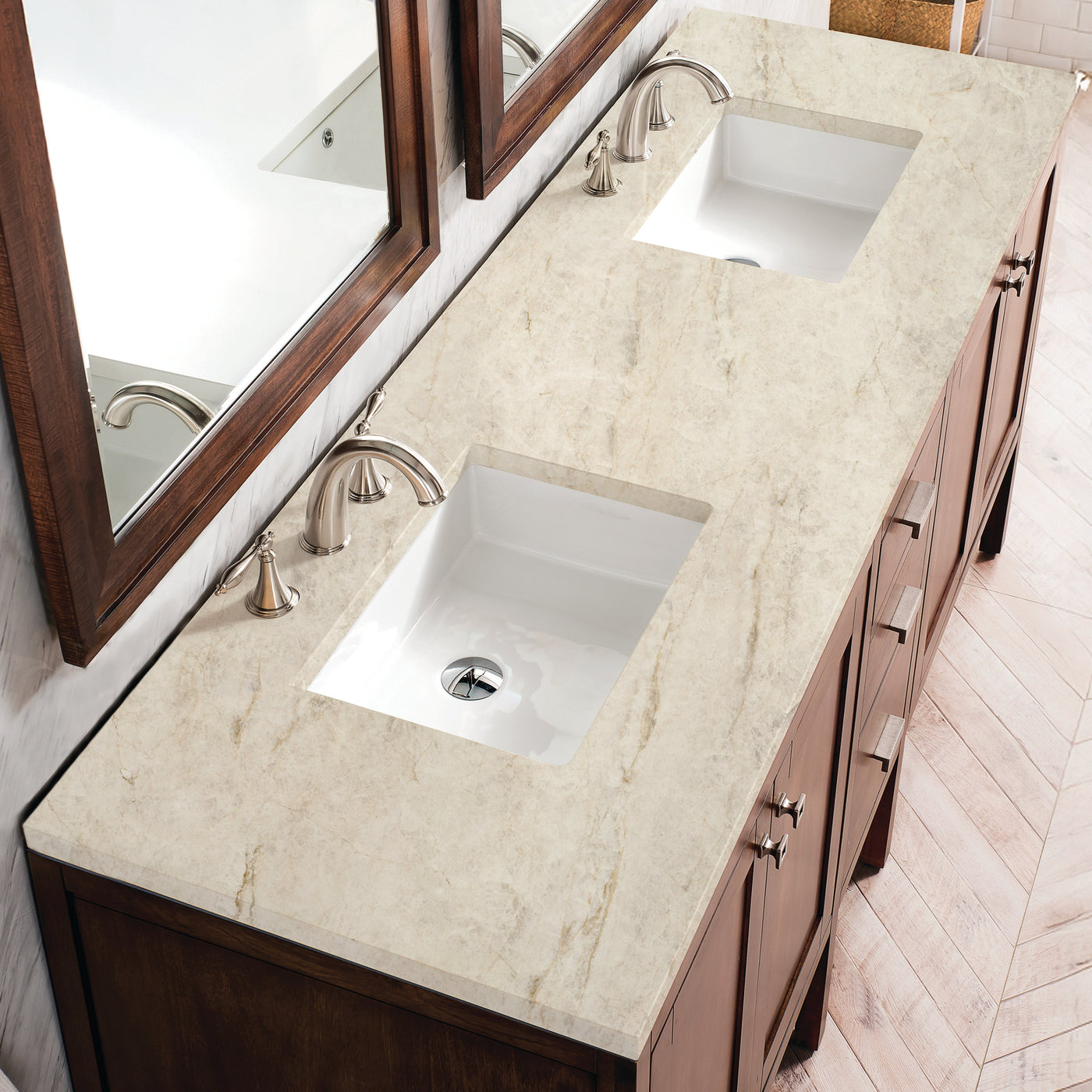 James Martin Addison 72" Double Bathroom Vanity, Mid-Century Acacia with Tajnar countertop