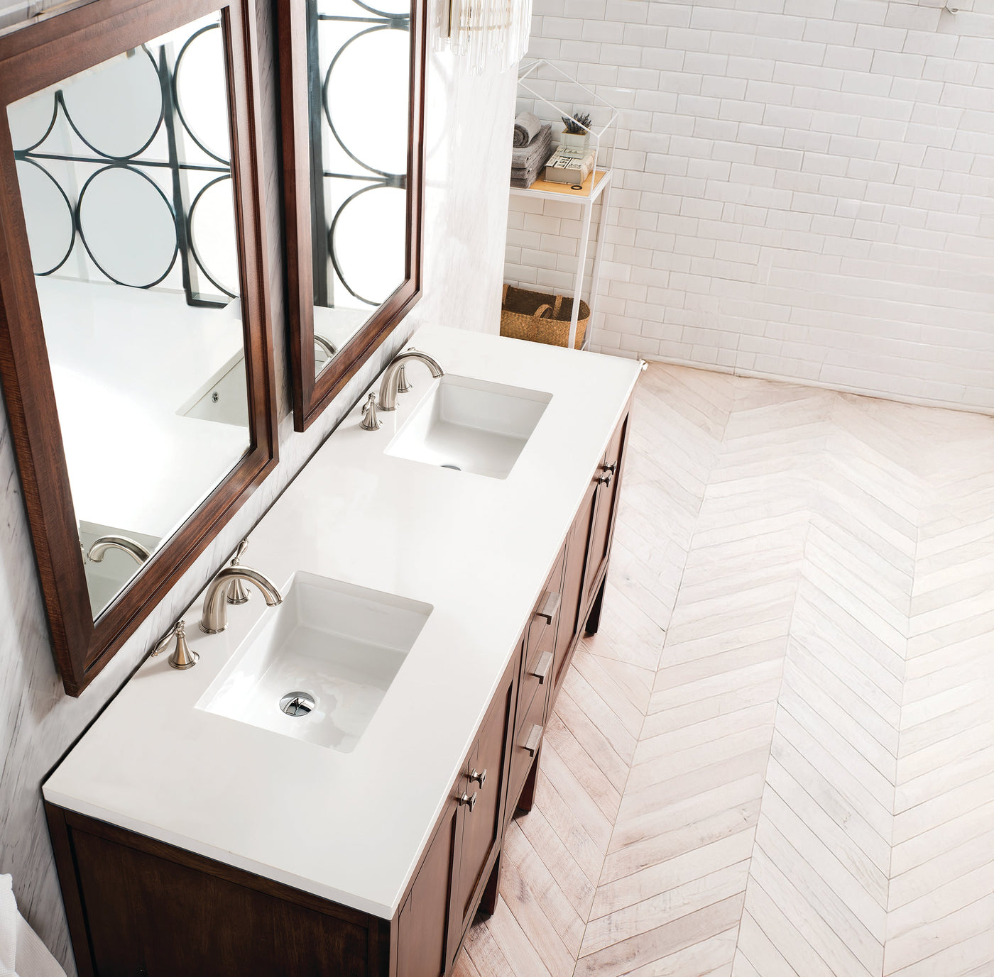 James Martin Addison 72" Double Bathroom Vanity, Mid-Century Acacia with White Zeus countertop