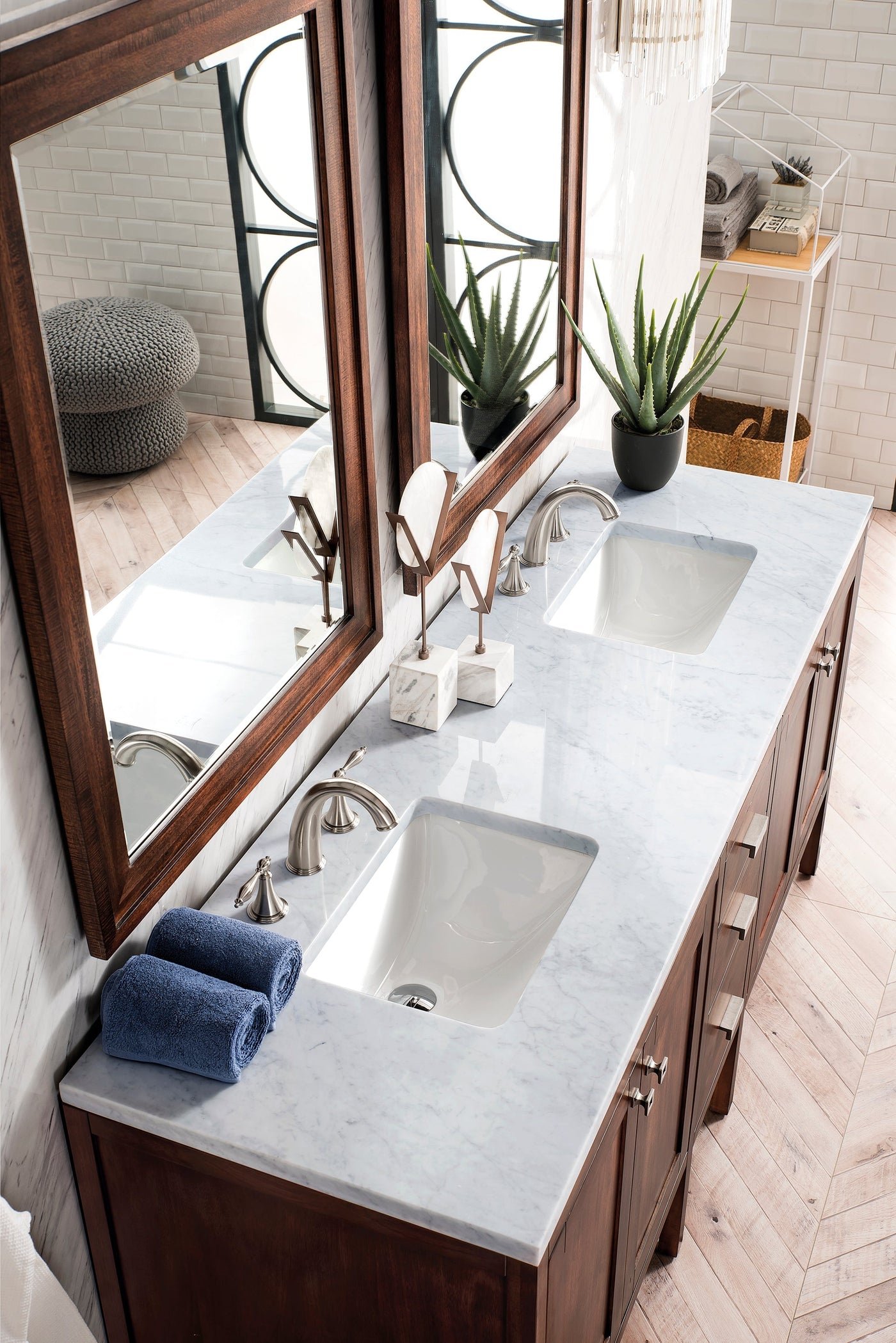 James Martin Addison 72" Double Bathroom Vanity, Mid-Century Acacia with Carrara White countertop