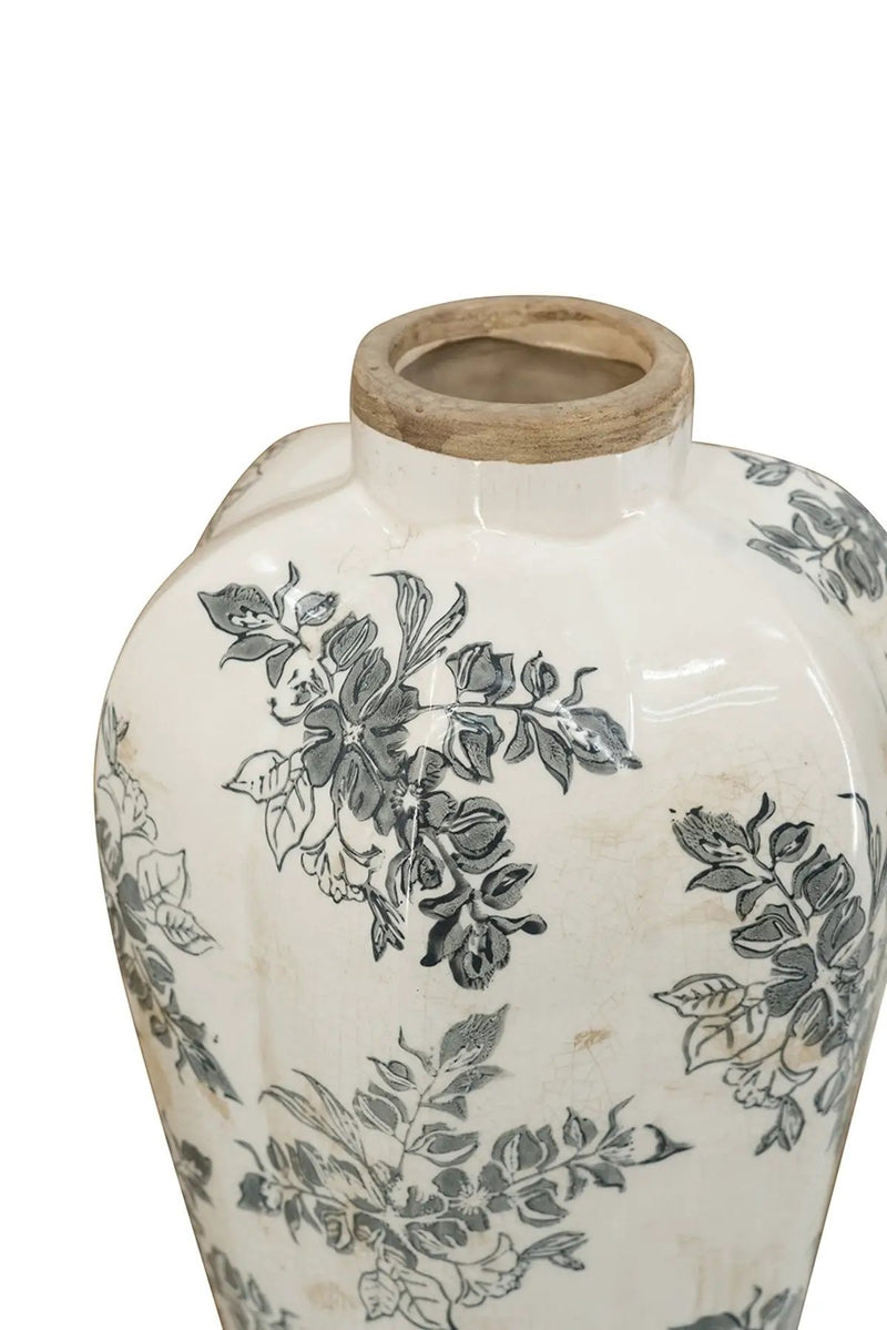 8.1x8.1x13.6' White Ceramic Accent Vase with Gray Floral Design by HouseOfZazla