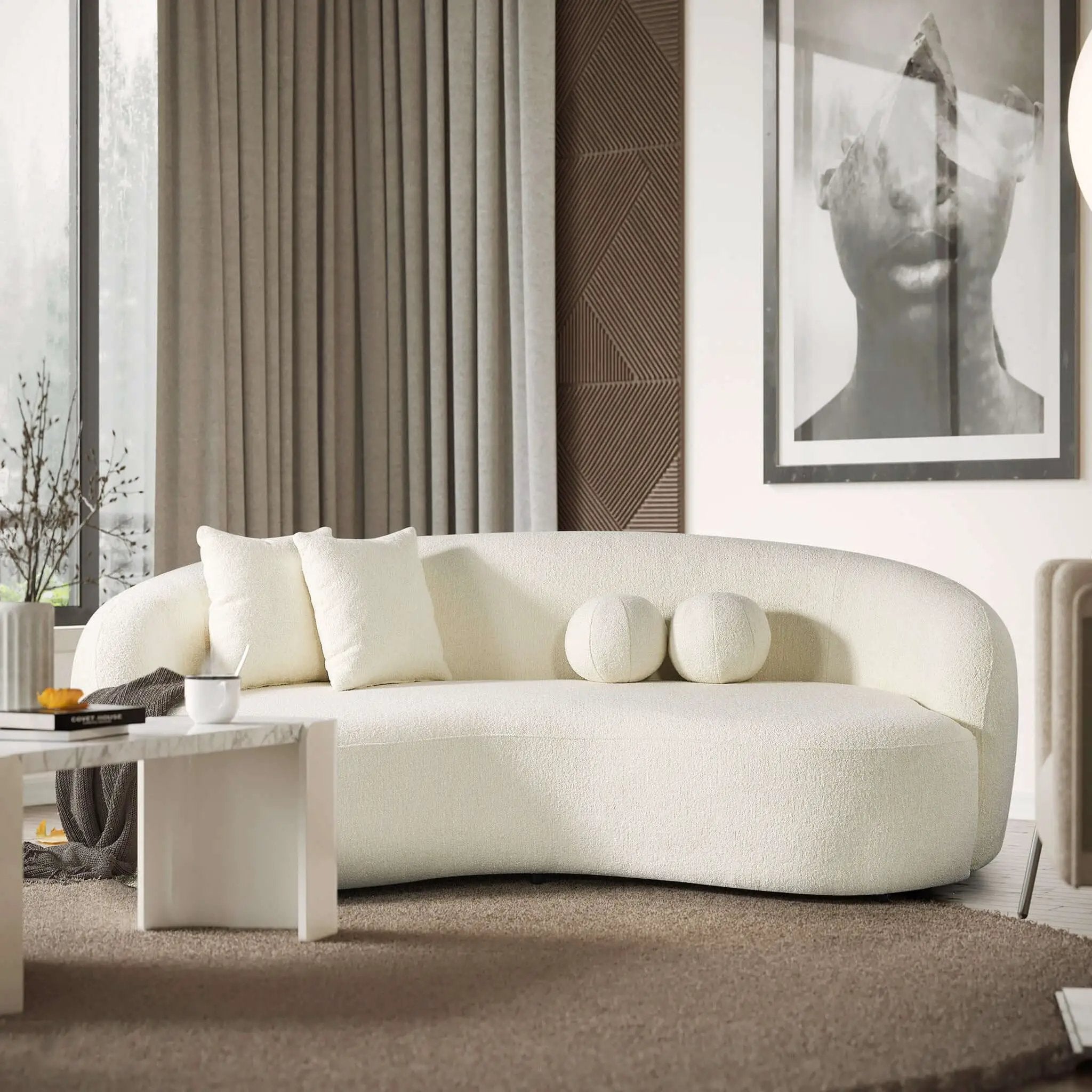 Drake - Japandi Style Curvy Boucle Sofa by HouseOfZazla