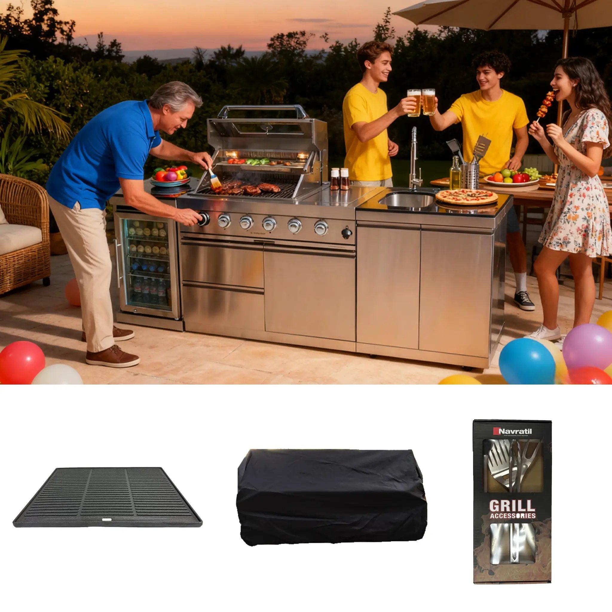 BBQ Tool Set with Cast Iron Frying Pan and Stainless Steel Accessories by HouseOfZazla