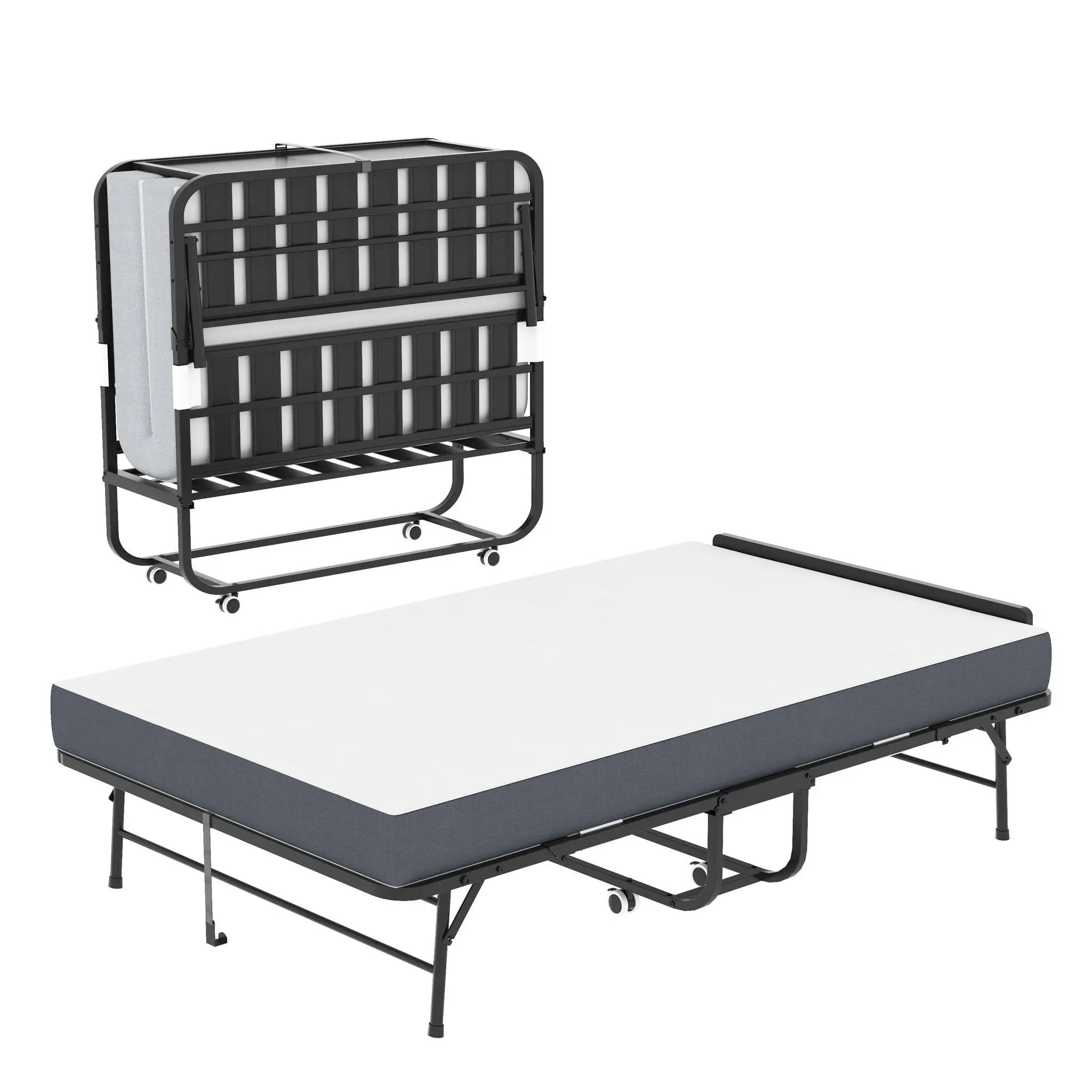 Twin Wide Folding Bed With Adjustable Headboard, Extra Long Rollaway For Tall People, Memory Foam Mattress - Black by Unique Piece Furniture