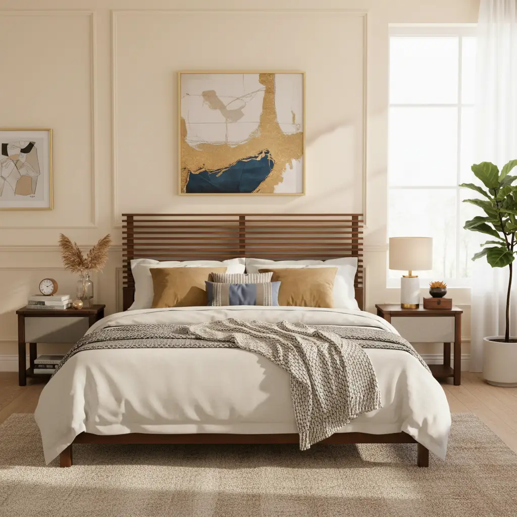Premium Solid Wood King Size Bed Frame with Headboard - Walnut Color by HouseOfZazla