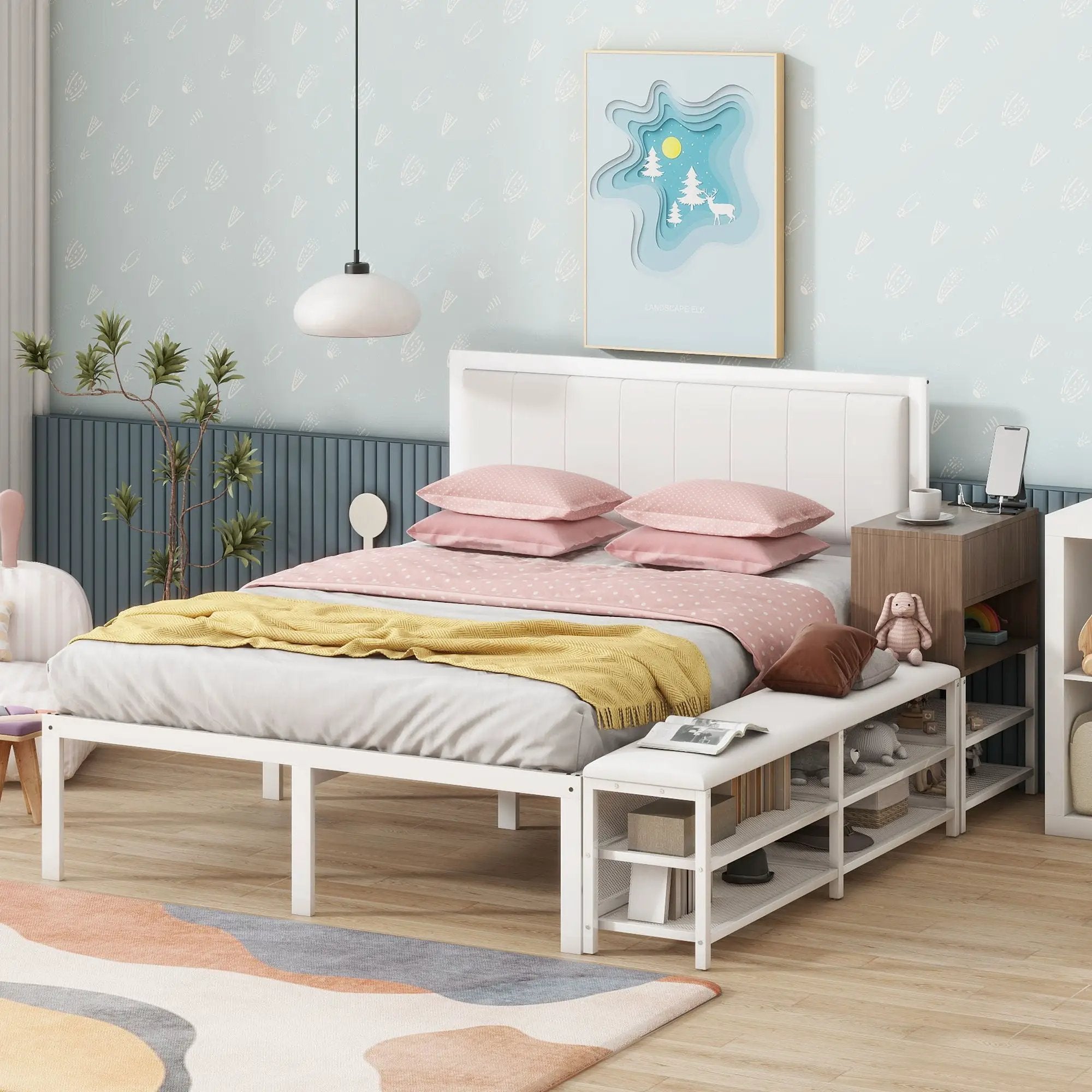 Platform Bed With 2 Tier Storage Shelves, Storage Cabinet by Unique Piece Furniture