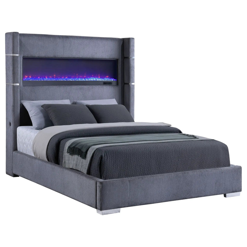 Haven - Upholstered Queen Bed With Integrated Flame Box - Gray by HouseOfZazla