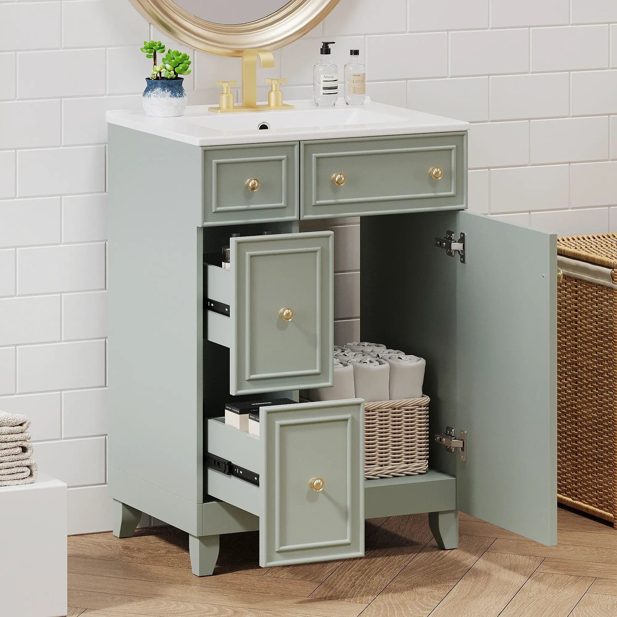 Transitional Style Bathroom Vanity Cabinet With Ceramic Sink