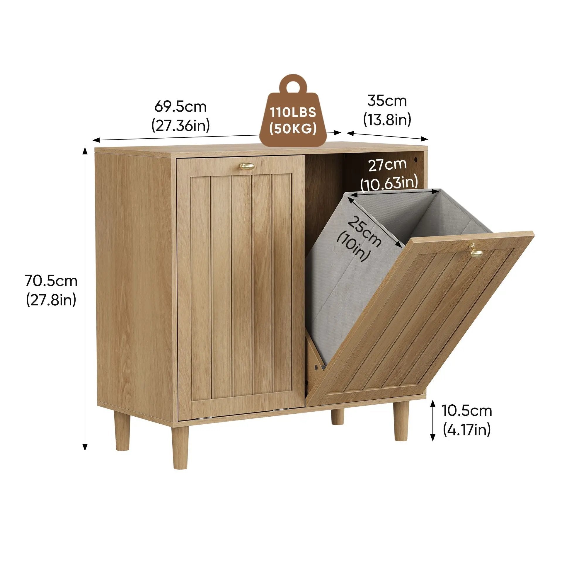 Sloping Laundry Basket With Removable Inner Bin, Concealed Storage Cabinet For Bathroom - Oak by Unique Piece Furniture