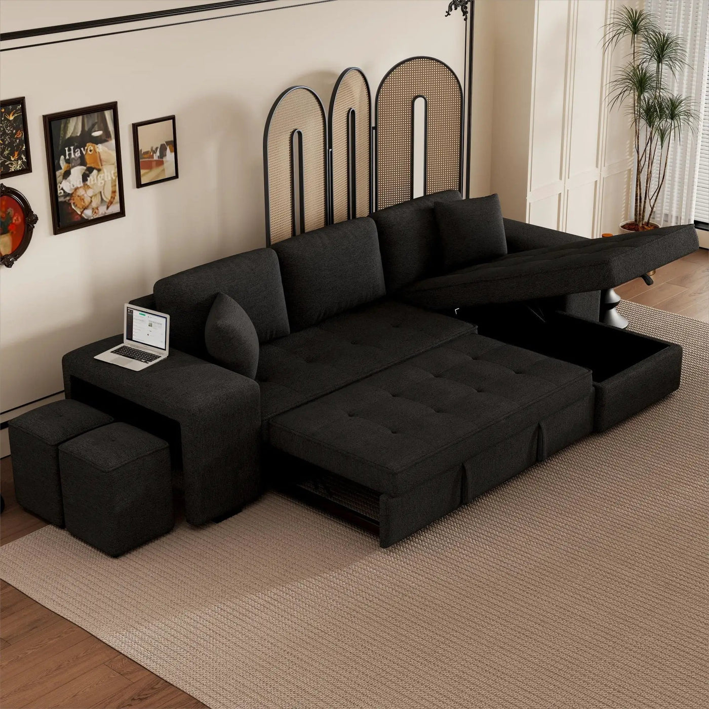 Modern L-Shape 3 Seat Reversible Sectional Couch, Pull Out Sleeper Sofa With Storage Chaise And 2 Stools For Living Room Furniture Set by Unique Piece Furniture
