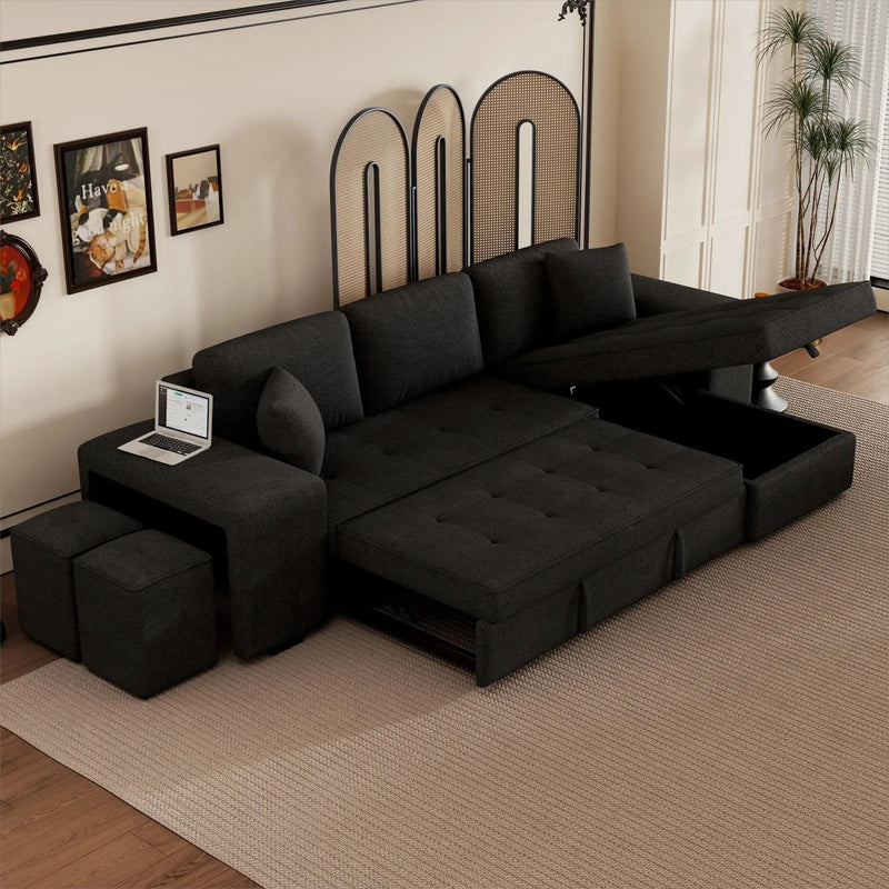 Modern L-Shape 3 Seat Reversible Sectional Couch, Pull Out Sleeper Sofa With Storage Chaise And 2 Stools For Living Room Furniture Set by HouseOfZazla