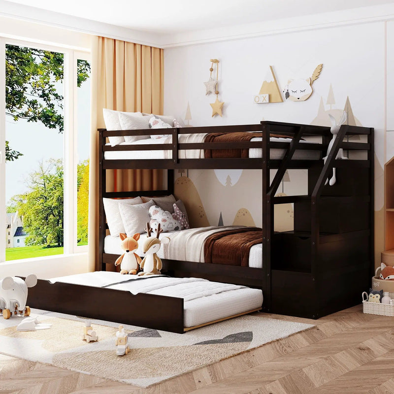 Twin Over Twin Bunk Bed With Twin Size Trundle And 3 Storage Stairs - Espresso by Unique Piece Furniture