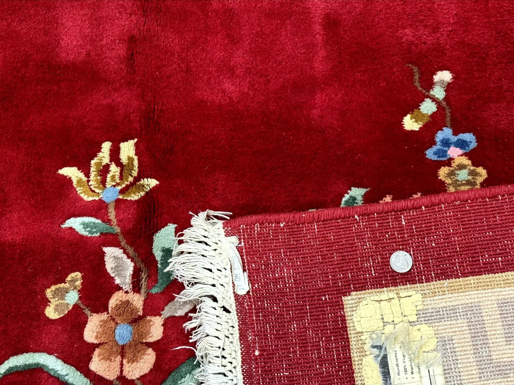 Indo Chinese Wool Rug 9x12, Red Art Deco Carpet, Vintage by Jewel Rugs