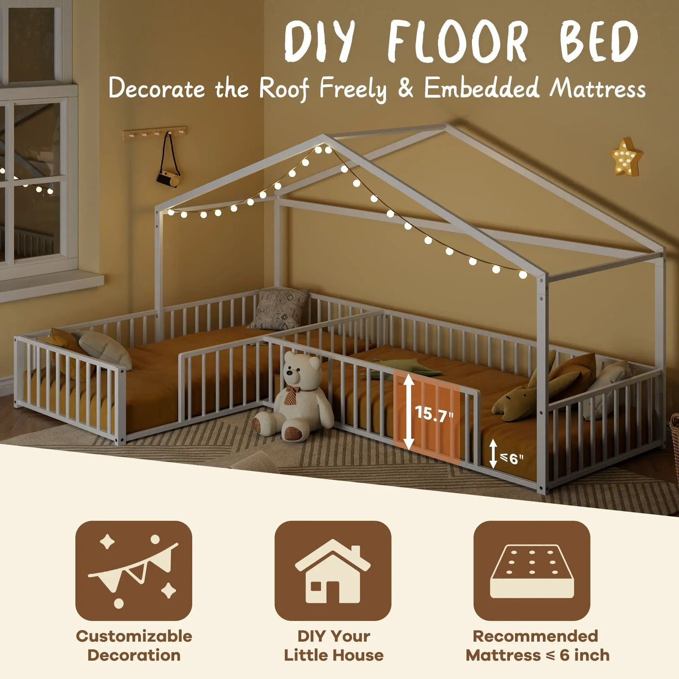 L-Shaped Montessori Bed For 2 Kids With Partitioned Fence by HouseOfZazla