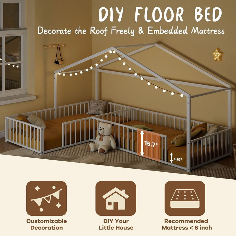 L-Shaped Montessori Bed For 2 Kids With Partitioned Fence by HouseOfZazla