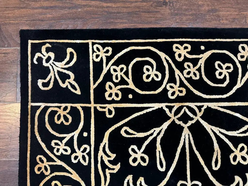 Tibetan Rug 8x10, Wool and Silk, Raised Pattern, Black and Gold, Floral by Jewel Rugs