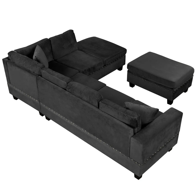 Modern Sectional Sofa With Storage Ottoman, L - Shape Couch With 2 Pillows And Cup Holders by HouseOfZazla