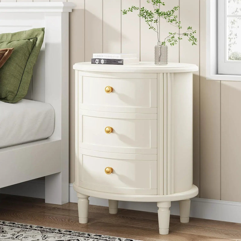 Oval Nightstand With 3 Drawers, Bedside Table - White by HouseOfZazla