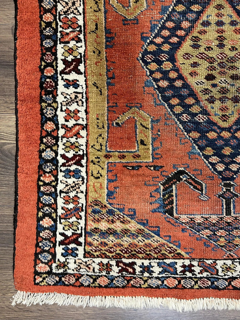 Rare Persian Tribal Runner Rug 3 x 11, Sarab Serab Persian Runner, Antique 1920s Collectible Geometric Medallions Oriental Wool Runner, Hand Knotted, Bright Orange-Red by Jewel Rugs