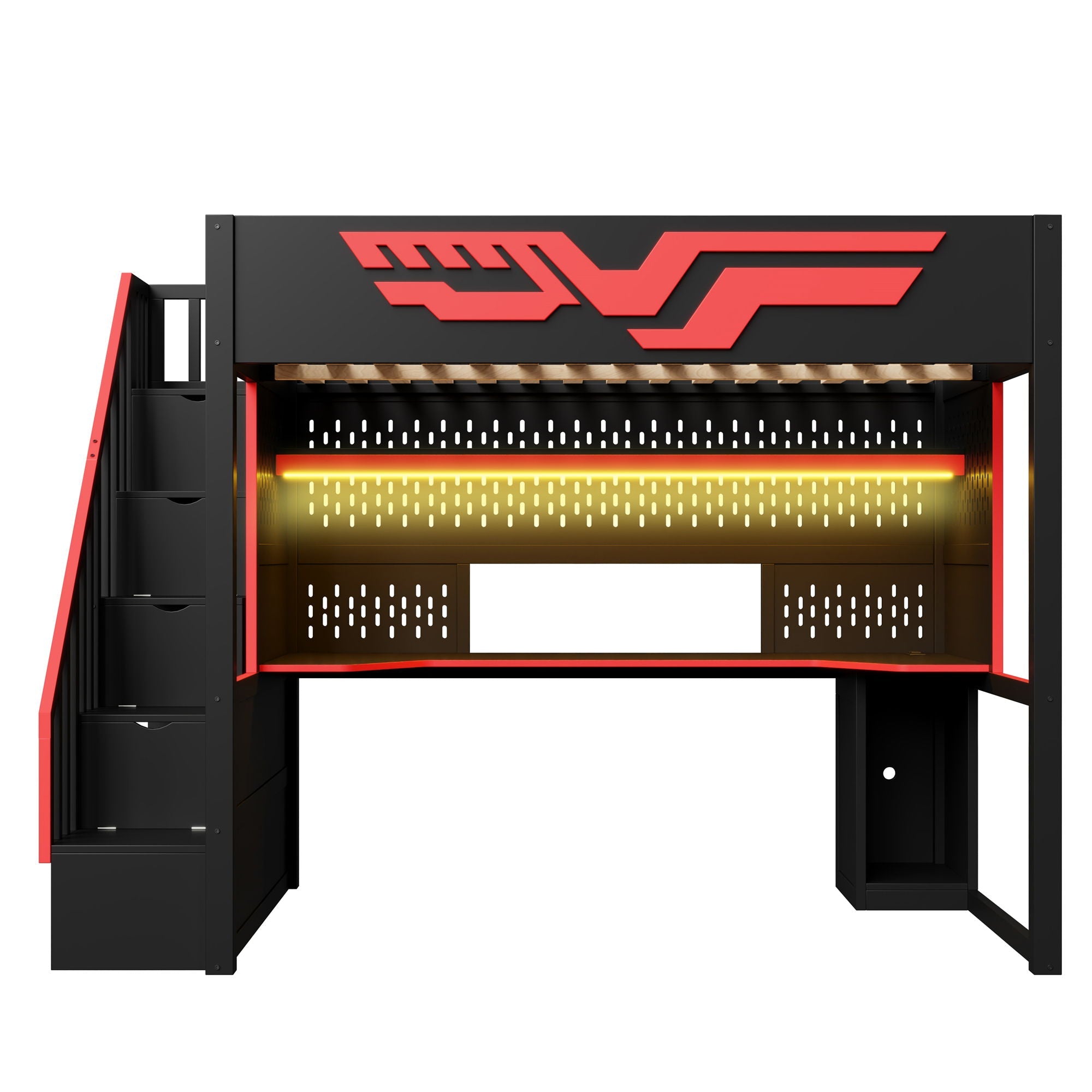 Full Gaming Loft Bed With Desk And Storage Staircase, LED Lights And USB - Red / Black by HouseOfZazla