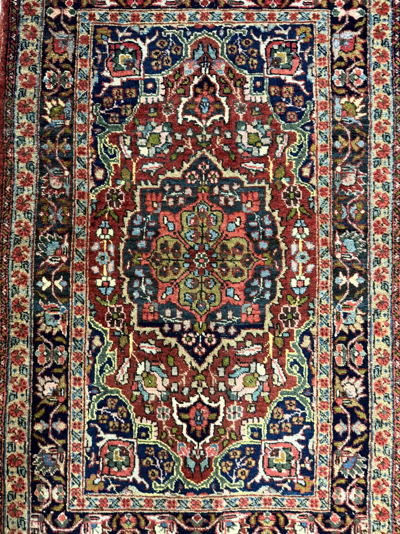 Antique Persian Tabriz Rug 3x5, Brick Red Navy Blue, Floral Medallion, Small Persian Carpet by Jewel Rugs