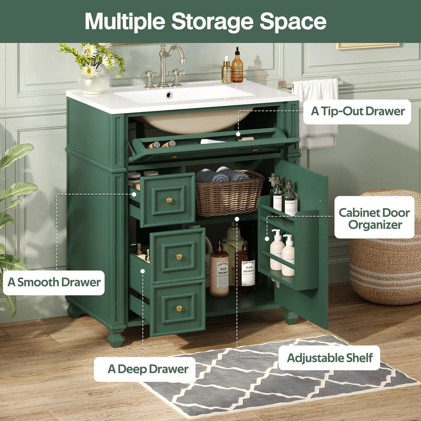 Bathroom Vanity Cabinet With Sink, Soft Close Doors With Door Organizer by HouseOfZazla