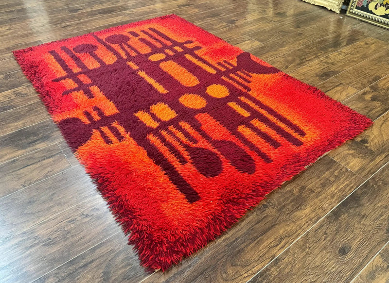 Danish Rya Shag Rug 4x6, Red Vintage Mid Century Retro Abstract Shag Rug by Jewel Rugs