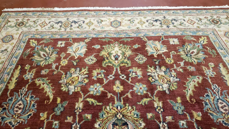 8x12 Indo-Mahal Rug, Floral Allover, Red & Beige, Wool Vintage Handmade Traditional Carpet by Jewel Rugs