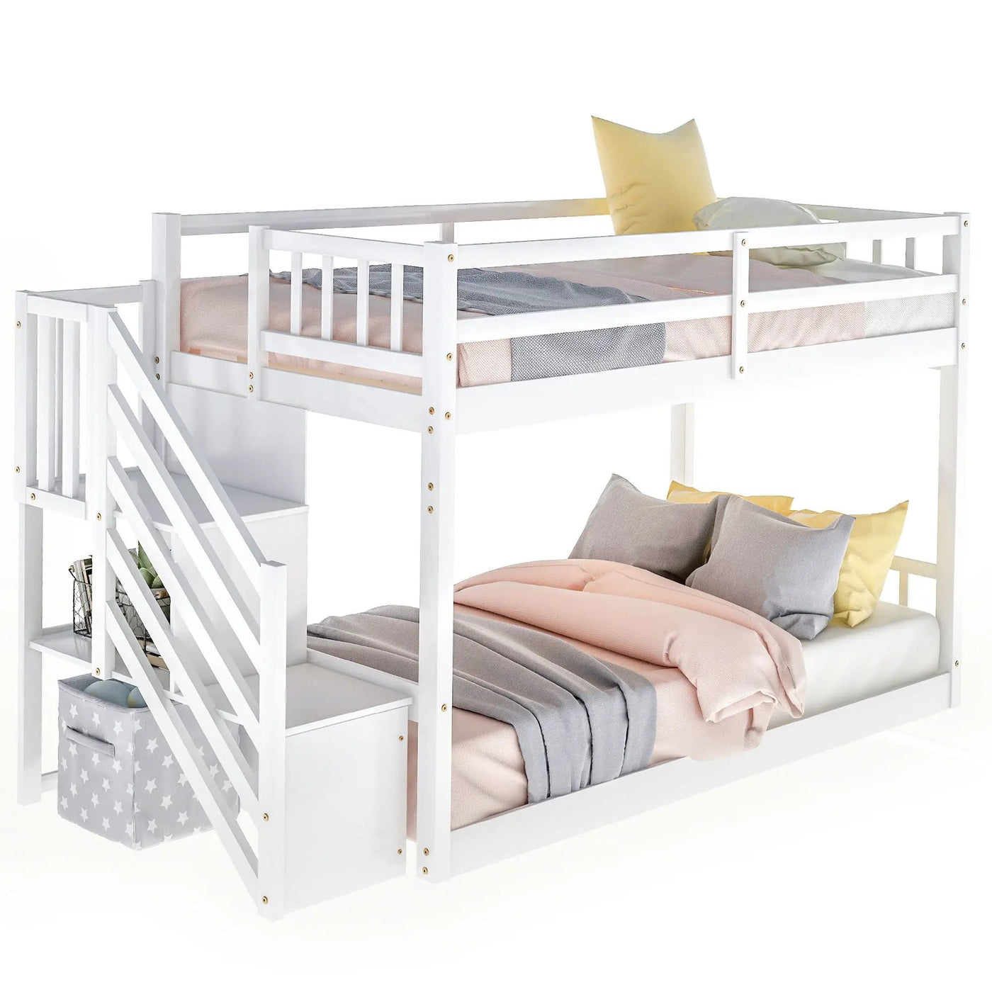 Twin Over Twin Floor Bunk Bed, Ladder With Storage by HouseOfZazla