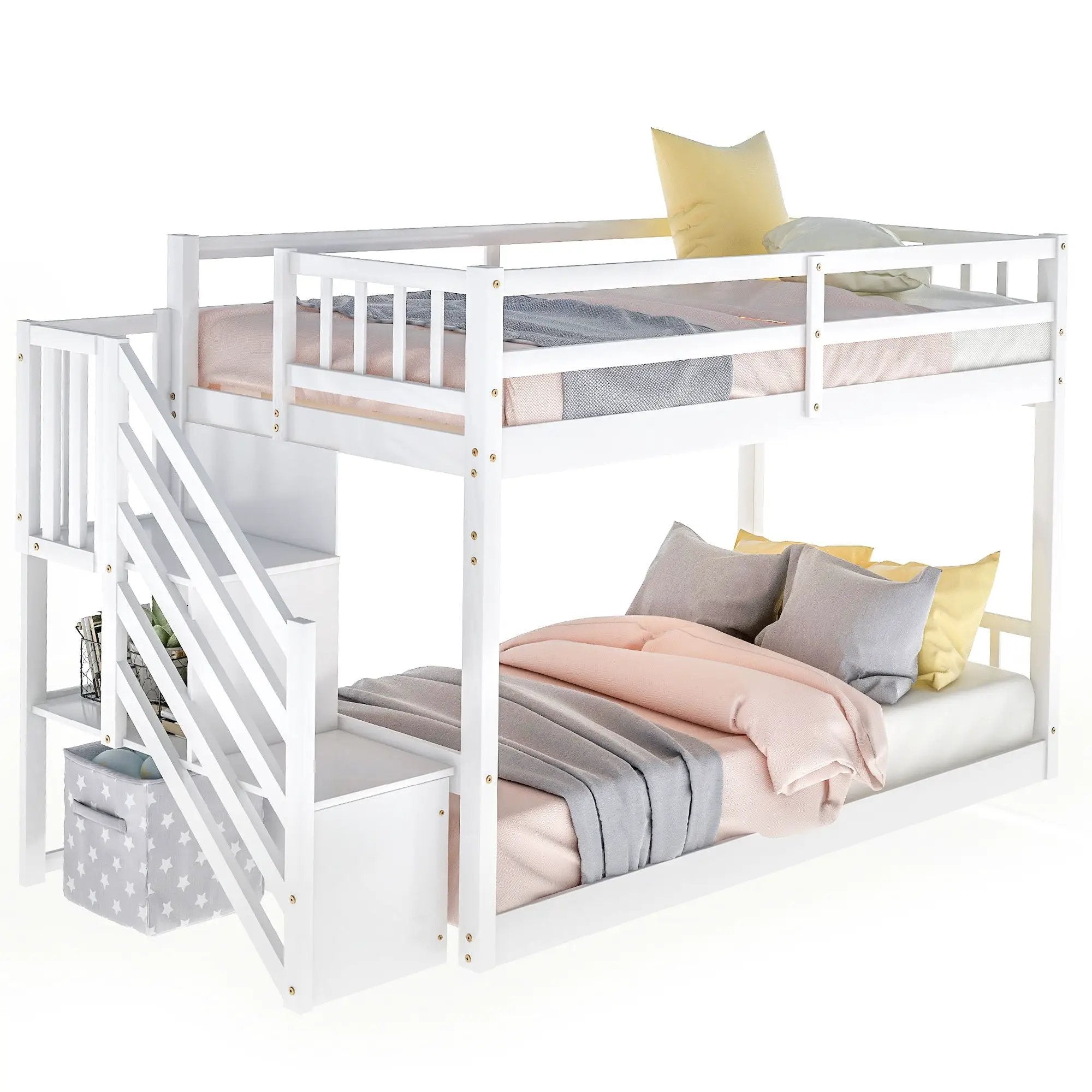 Twin Over Twin Floor Bunk Bed, Ladder With Storage by Unique Piece Furniture