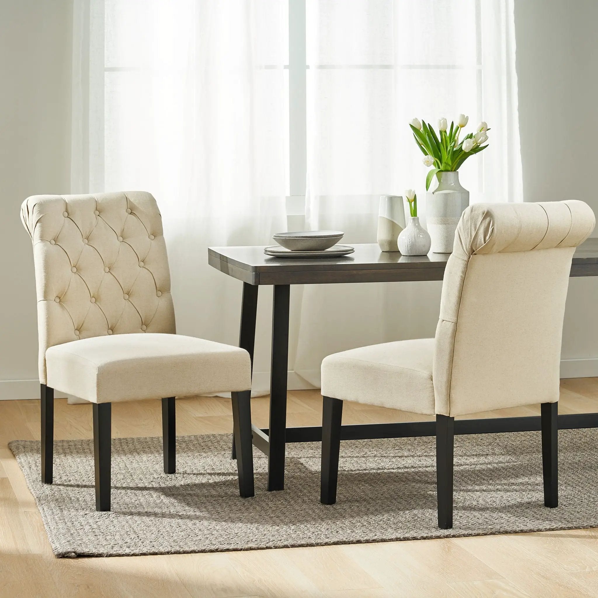 Dining Rolltop Chairs (Set of 2), Upholstered Armless Chair With Wood Leg - Ivory by HouseOfZazla
