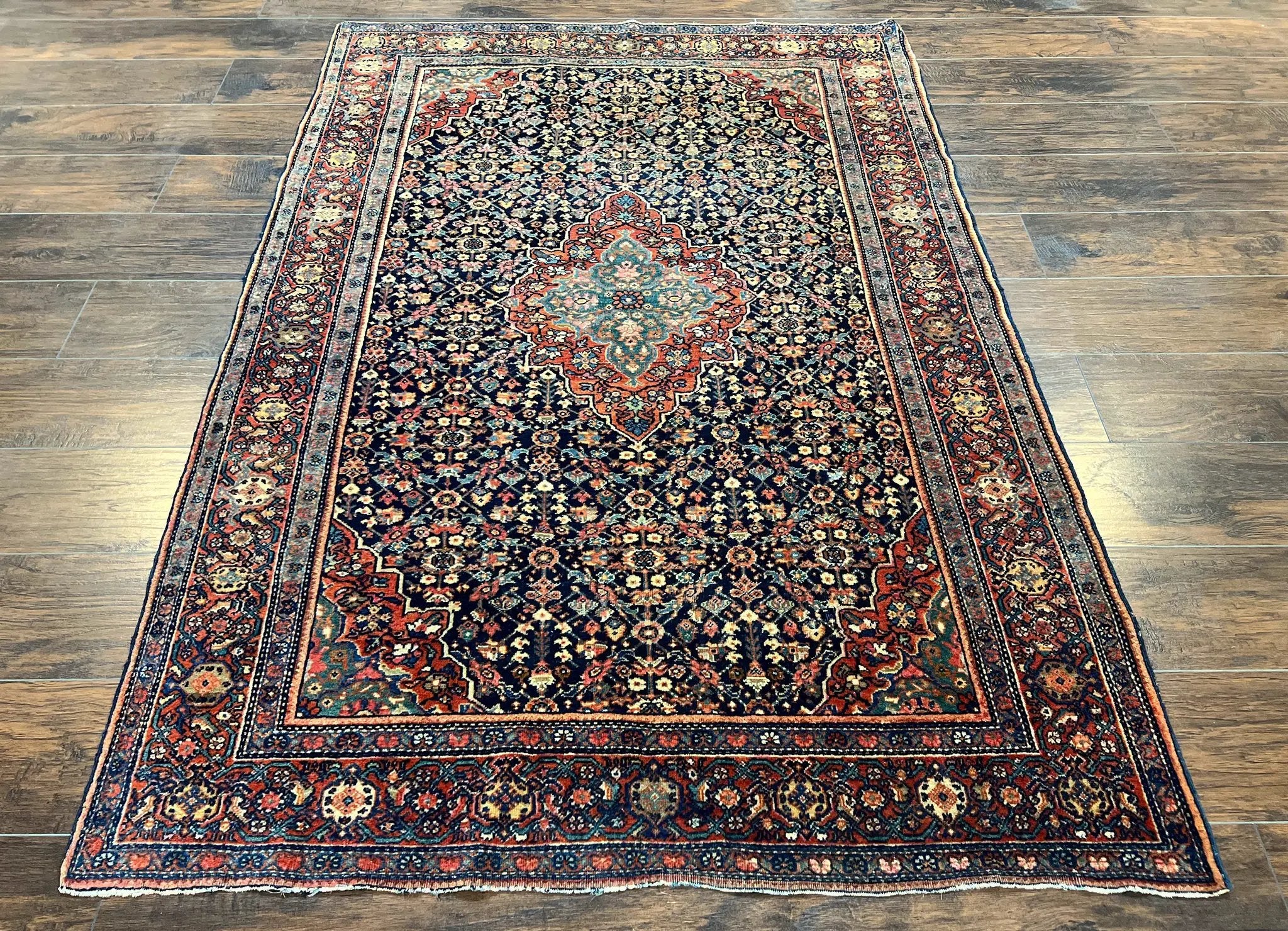 Persian Rug 4x7 Antique Sarouk Farahan Carpet, Navy Blue and Red Wool Rug by Jewel Rugs