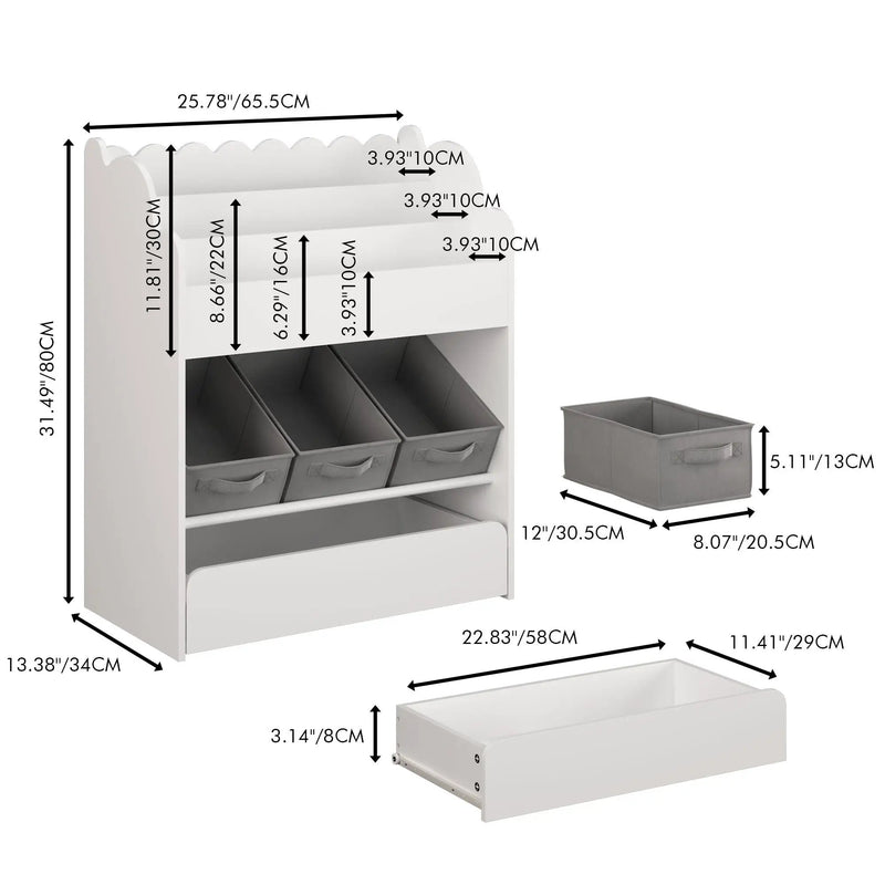 Bookshelf With Storage Bins And Drawer, Multi Functional Book Organizer For Toddlers - White by HouseOfZazla