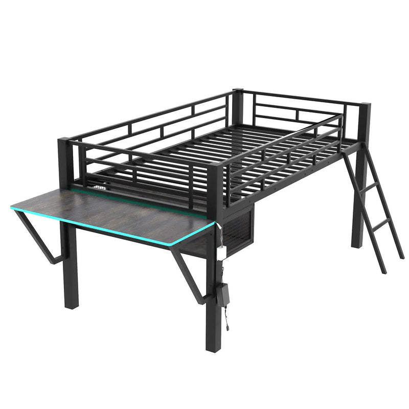 Modern Gaming Mid Loft Bed With Desk And LED Lights by Unique Piece Furniture
