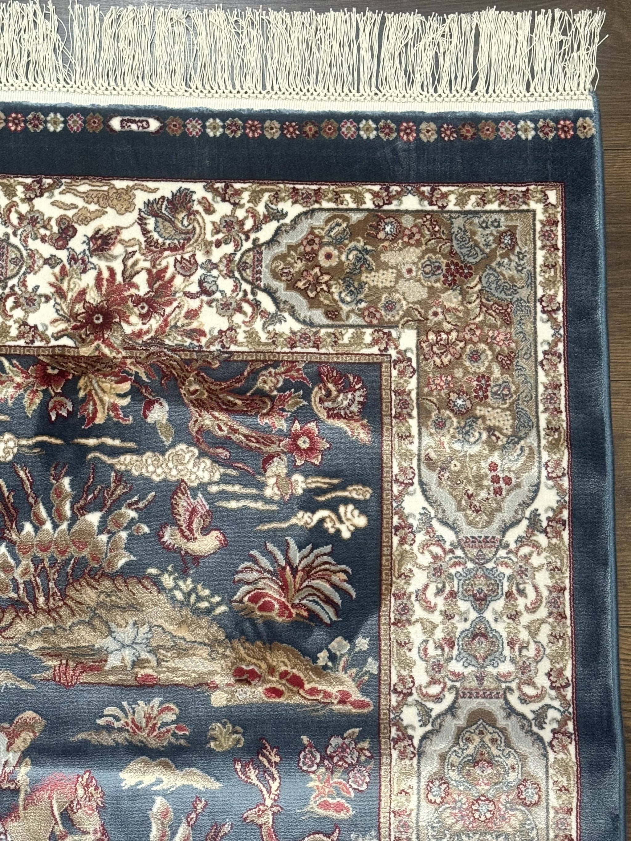 Turkish Silk Rug 2.6 x 6.7, Short Runner Rug, Blue & Ivory, Bamboo Silk, New by Jewel Rugs