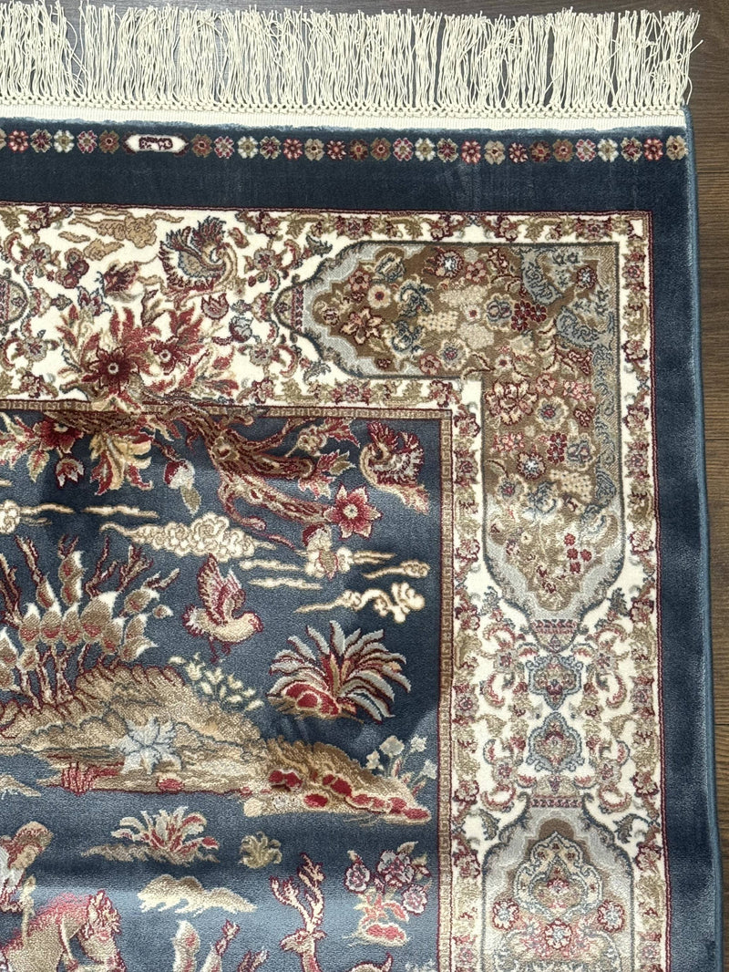Turkish Silk Rug 2.6 x 6.7, Short Runner Rug, Blue & Ivory, Bamboo Silk, New by Jewel Rugs