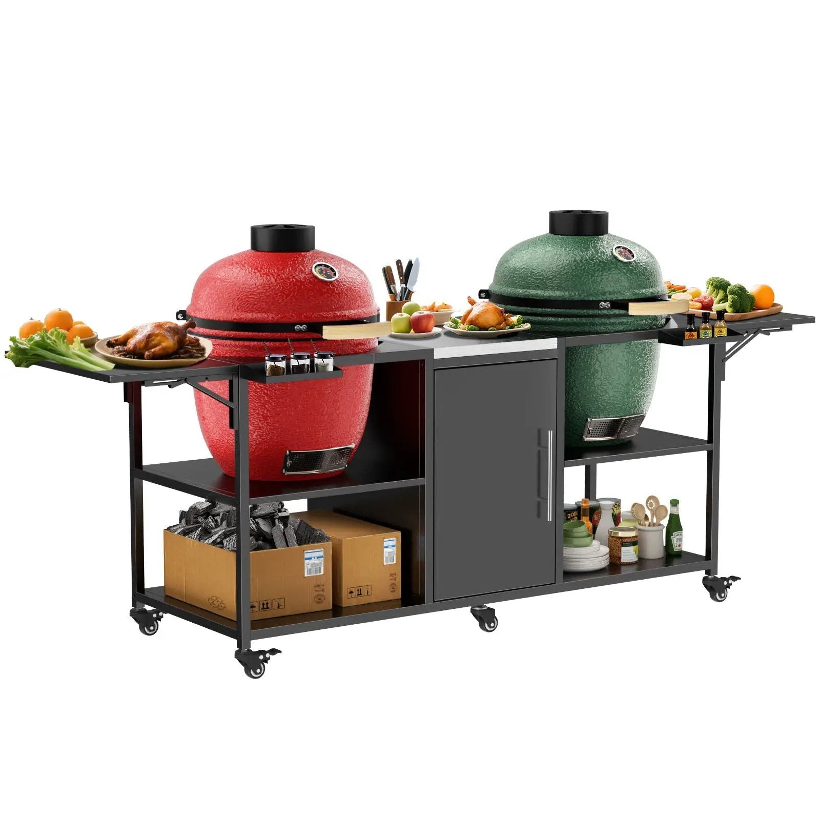 Outdoor Grill Cart For 2 Big Egg - Black / Silver by HouseOfZazla
